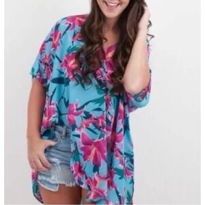Show Me Your MuMu Mae Mu Tunic Dress Small Beach Swim‎ Cover-up Floral Blue Pink